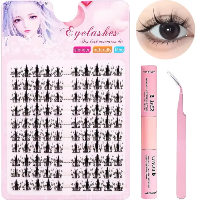 Kit de Faux Cils avec Adhésif et Scellant, Exquis, Noir, Anime, Naturel, ociamique, DIY, Longueur 10