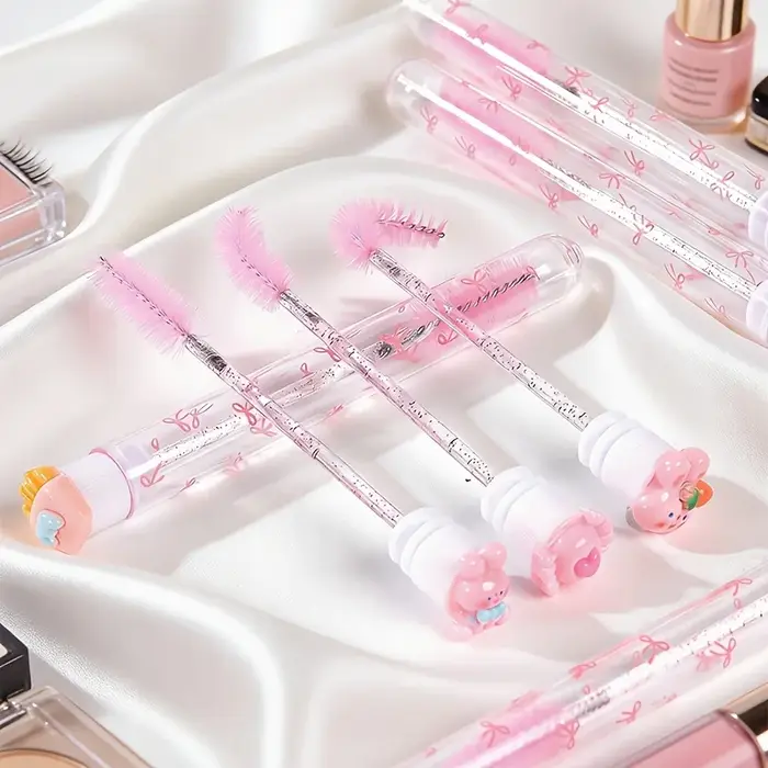 10 brosses à mascara roses en forme de dessin animé avec étui à nœud papillon, applicateur anti-poussière pour extensions de cils, peigne à sourcils, outil de maquillage
