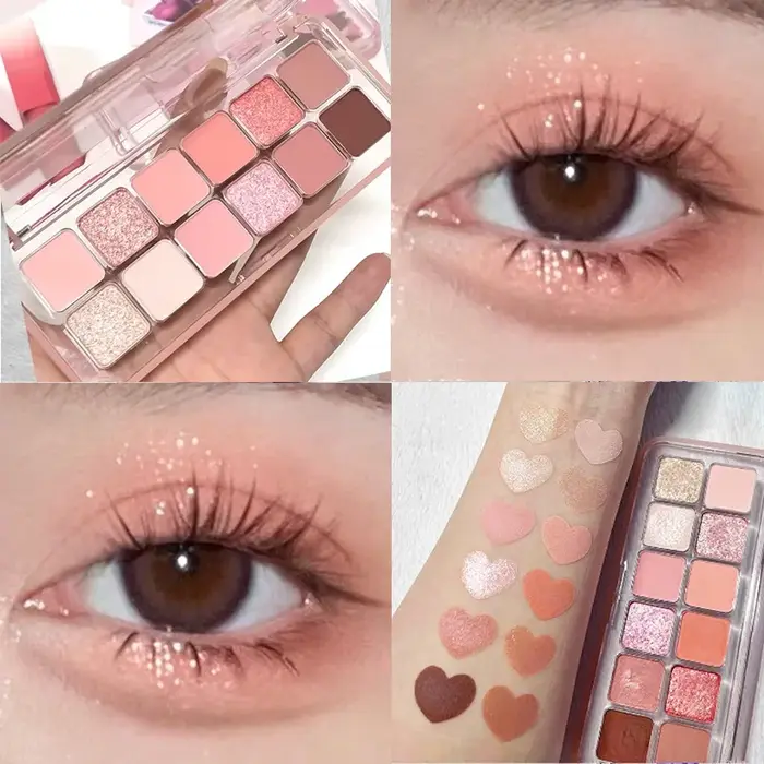 Palette de fards à paupières 12 couleurs cerise prune, finition mate, nacré, illuminateur, blush et