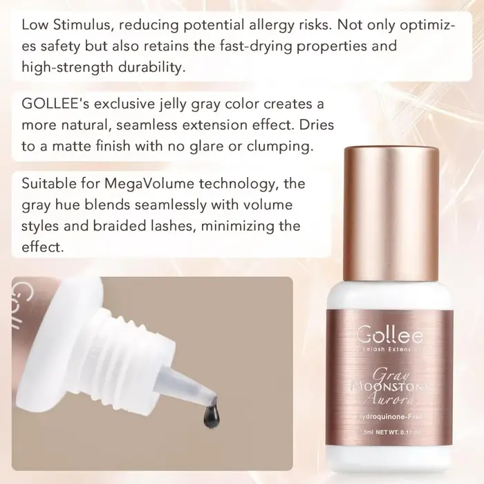 GOLLEE – colle pour extensions de cils grise, 0.5-1 secondes, séchage rapide, rétention, 6-8 semaine