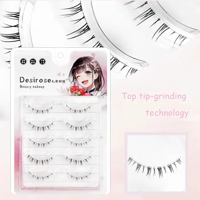 5 paires de cils Manga, cils inférieurs naturels, faux cils faits à la main avec bande transparente,