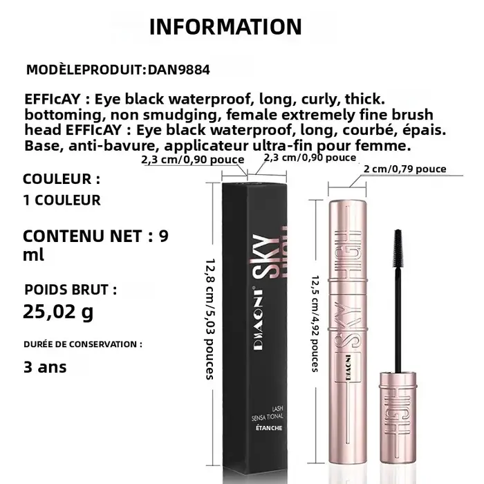 DIAONI Sky-High Lift Mascara Cadeau Fête des Mères Imperméable Anti-bavures Longue Tenue Courbant Naturellement les Cils Définis et Séparés