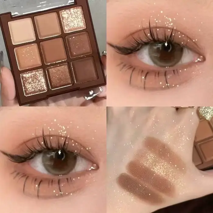 Palette de fards à paupières chocolat 9 couleurs, avec lustre de perles, mélange de paillettes fines