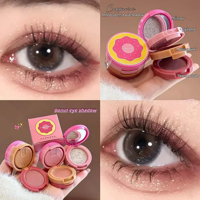 Trio de fard à paupières en forme de beignet - Matte & Pearl Shimmer - Usage quotidien tout-en-un - Mini palette mignonne