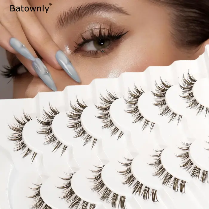 7 paires de faux cils brun foncé, style queue de poisson, mignons et dynamiques, tige transparente,