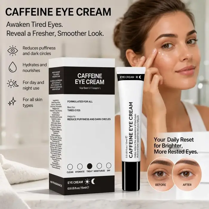Crème pour les yeux à la caféine réduit les poches et les cernes, crème revitalisante légère pour le contour des yeux avec caféine, soin raffermissant pour les yeux