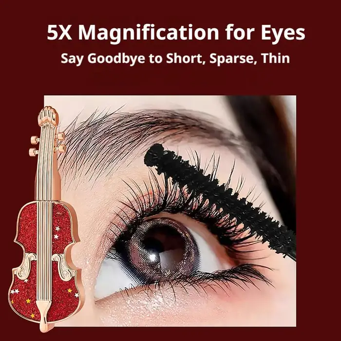 Mascara allongeant et recourbant Violin, waterproof, avec brosse fine et très fine pour un recourbement longue durée, sans bavures, pour un maquillage des yeux soigné.