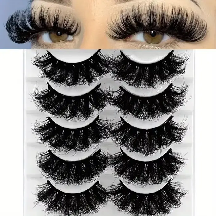5 paires de faux cils en vison synthétique, longue durée, effet volume spectaculaire, épais et longs