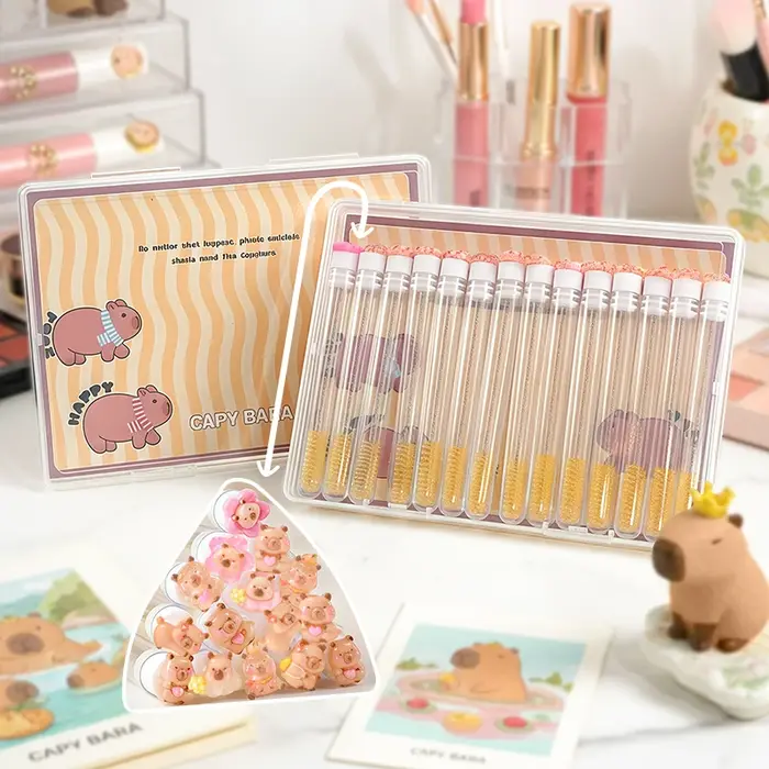 Paquet de 14 pinceaux à mascara Capybara dans une boîte cadeau. Chaque tête de brosse est emballée individuellement