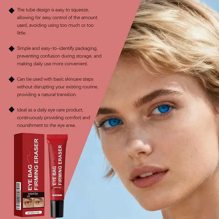 Crème pour le contour des yeux, élimine les poches sous les yeux, lisse les ridules, raffermit, lift instantané des poches, soin nourrissant doux, resserre.